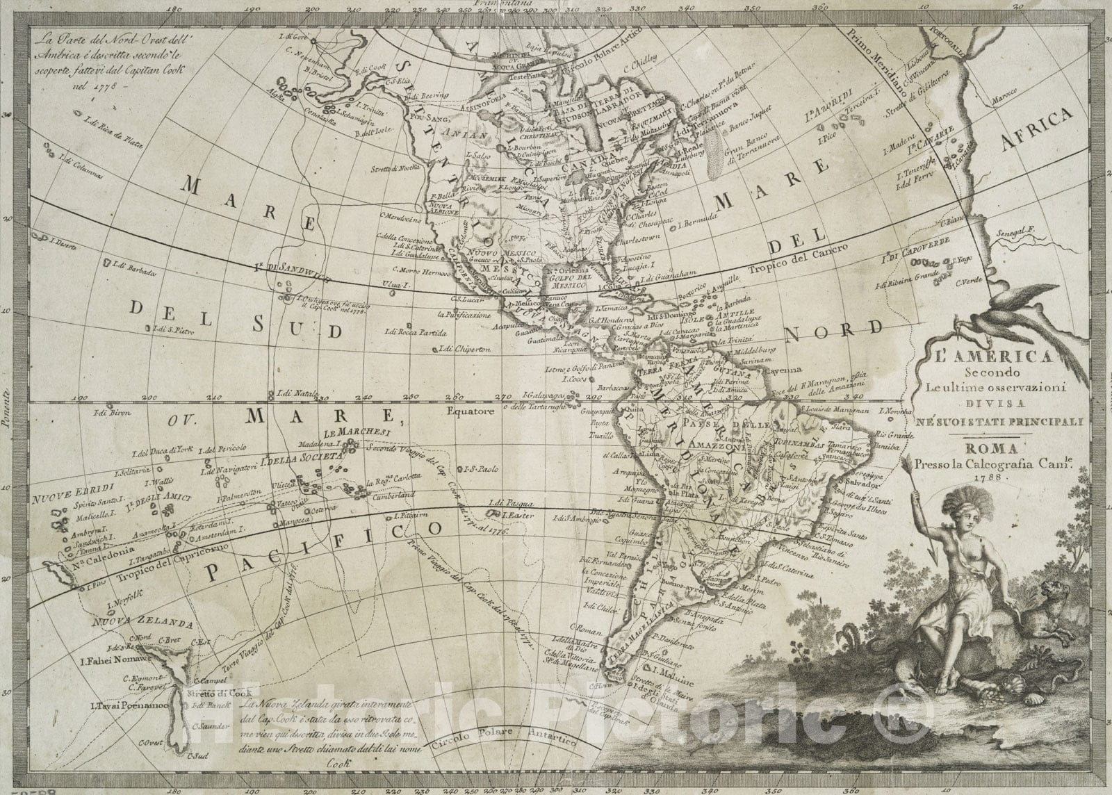 Historical Map, 1788 L'America secondo leultime osservazioni divisa ne suoistati principali, Vintage Wall Art