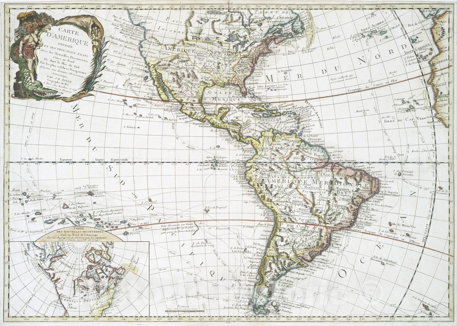 Historical Map, 1789 Carte d'Amerique : divisee en SES principaux etats avec les nouvelles decouvertes faites au Nord et Dans la Mer du Sud par les Plus celebres navigateurs Reprint