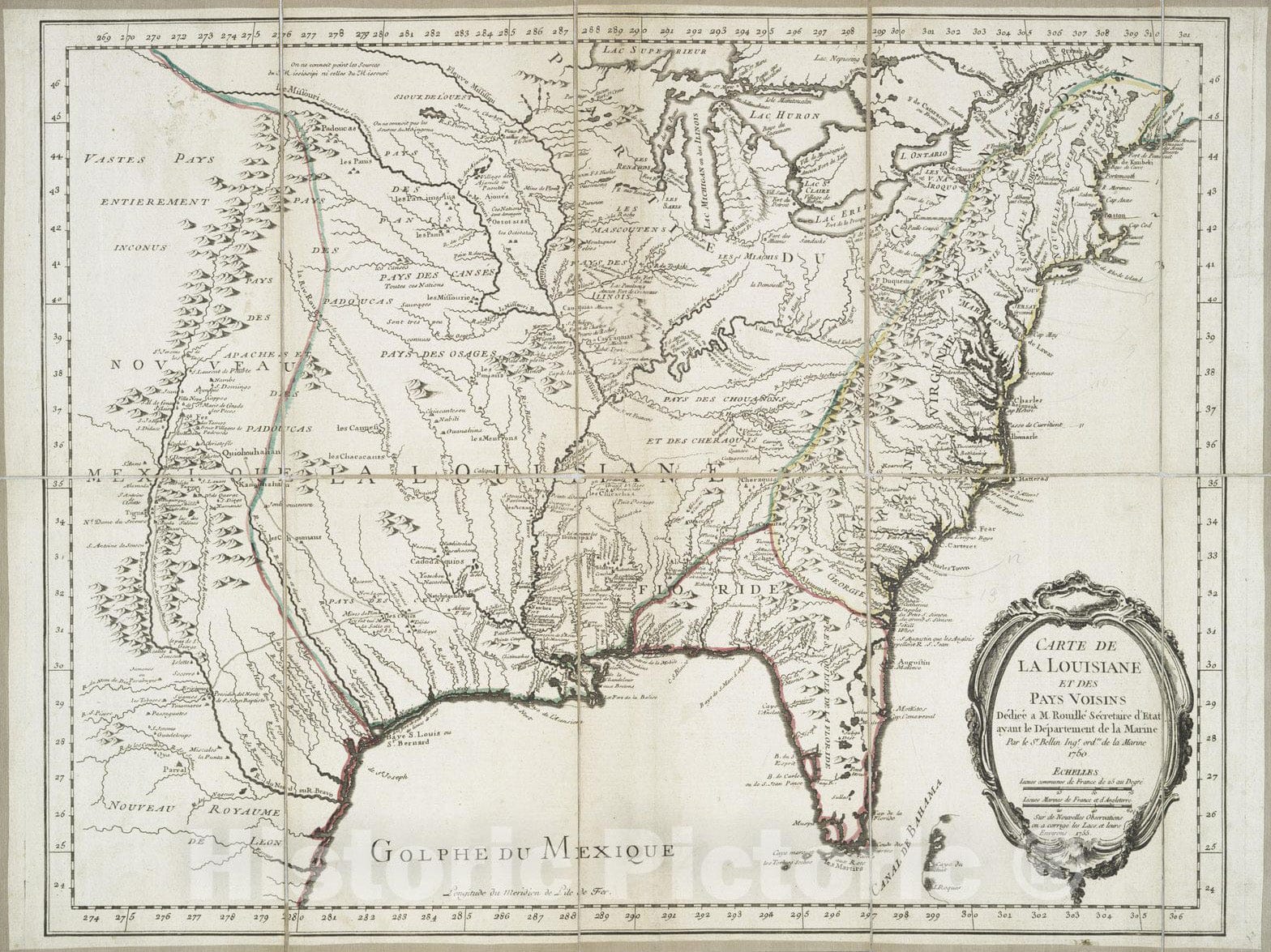 Historical Map, 1755 Carte de la Louisiane et des Pays voisins : dediee a M. Rouille, secretaire d'etat, ayant le Departement de la Marine, Vintage Wall Art