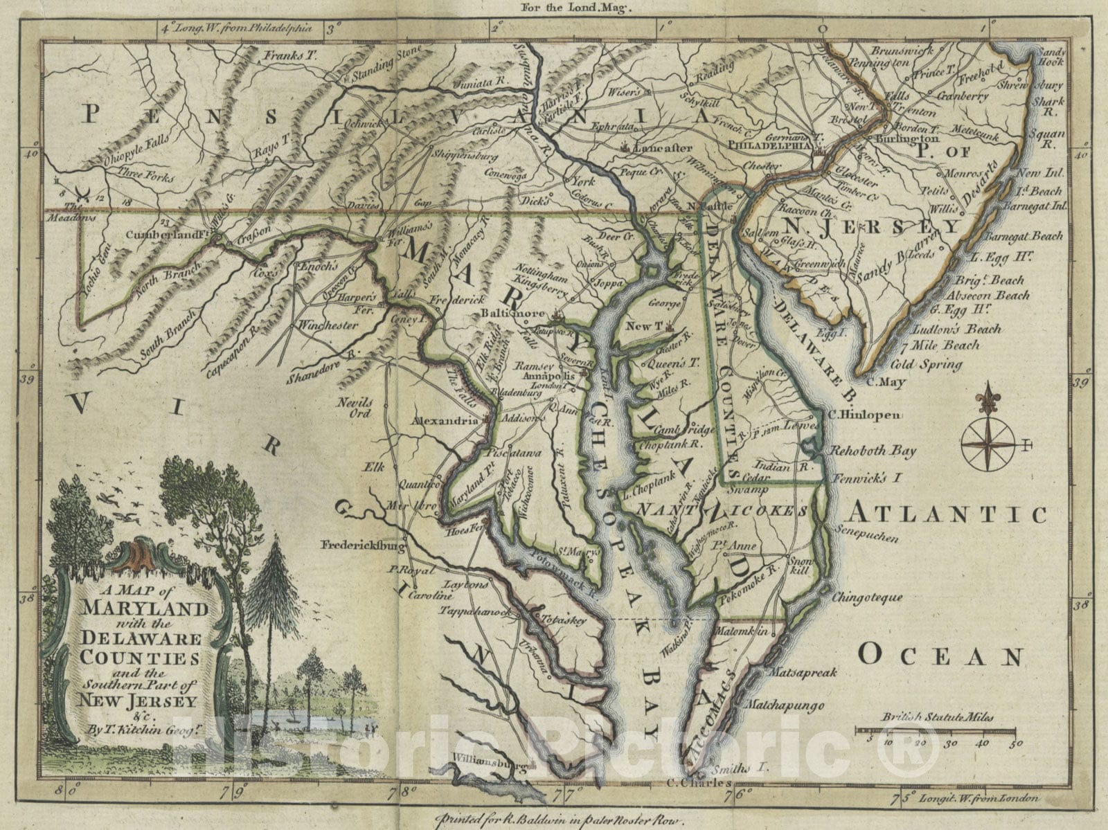 Historical Map, 1757 A map of Maryland with The Delaware Counties and The Southern Part of New Jersey et Cetera, Vintage Wall Art