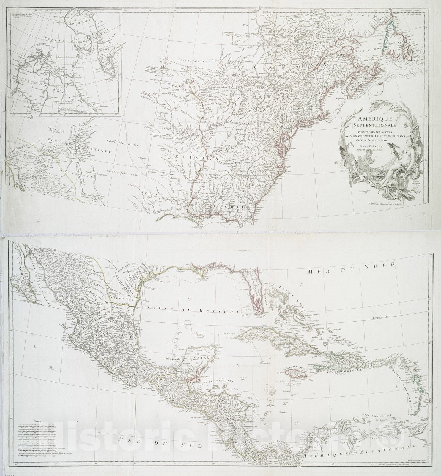 Historical Map, 1746 Amerique Septentrionale publiee Sous les Auspices de Monseigneur le Duc d'Orleans Premier Prince du sang, Vintage Wall Art