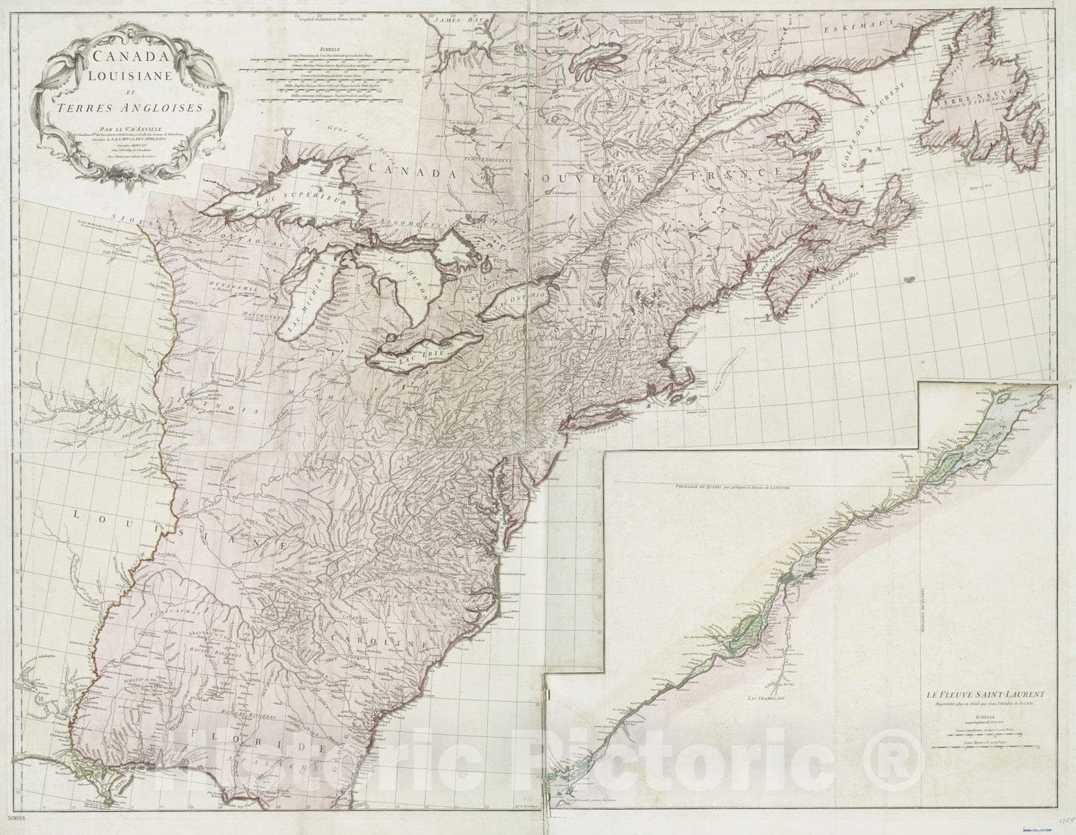 Historical Map, 1755 Canada, Louisiane et terres angloises, Vintage Wall Art