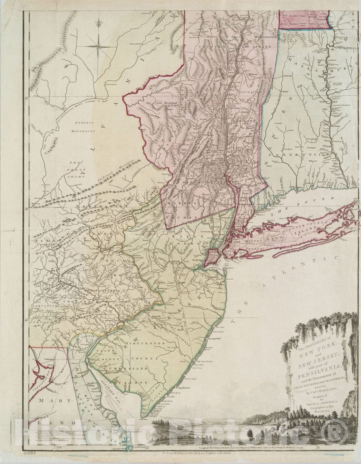 Historical Map, 1768 The Provinces of New York, and New Jersey; with pof Pensilvania, and The Governments of Trois RivieI'res, and Montreal, Vintage Wall Art
