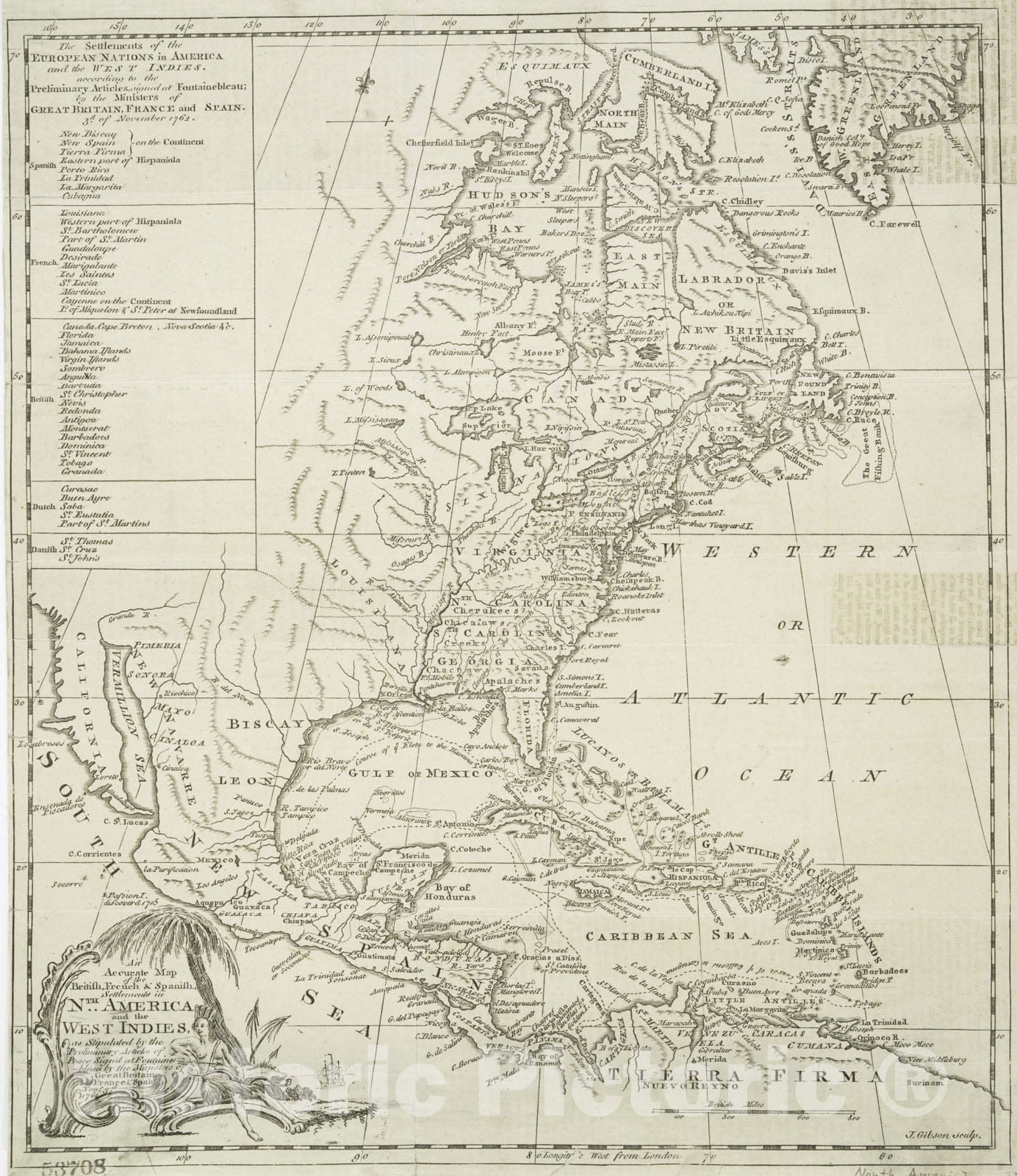 Historical Map, an Accurate map of The British, French & Spanish settlements in North America and The West Indies : as stipulated by The Preliminary Articles of Peace, Vintage Wall Art