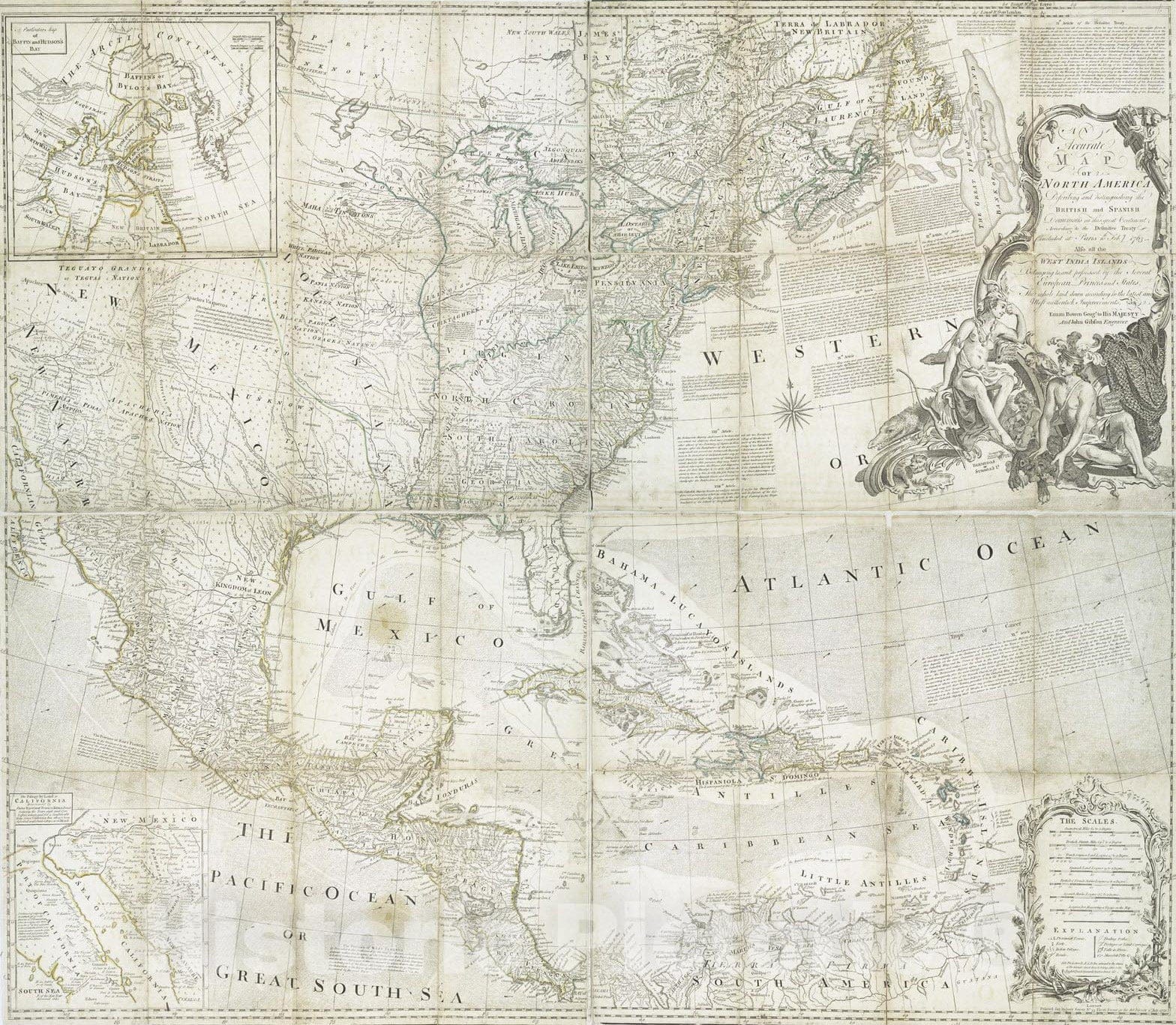 Historical Map, an Accurate map of North America : Describing and distinguishing The British and Spanish dominions of This Great Continent, Vintage Wall Art