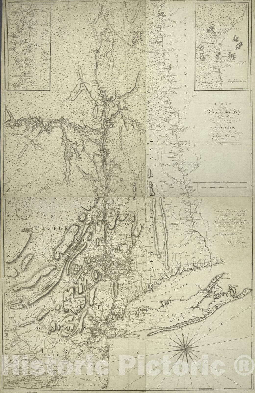 Historical Map, A map of the Province of New York, with part of Pensilvania, and New England : from an actual survey by Captain Montresor, engineer, 1775, Vintage Wall Art