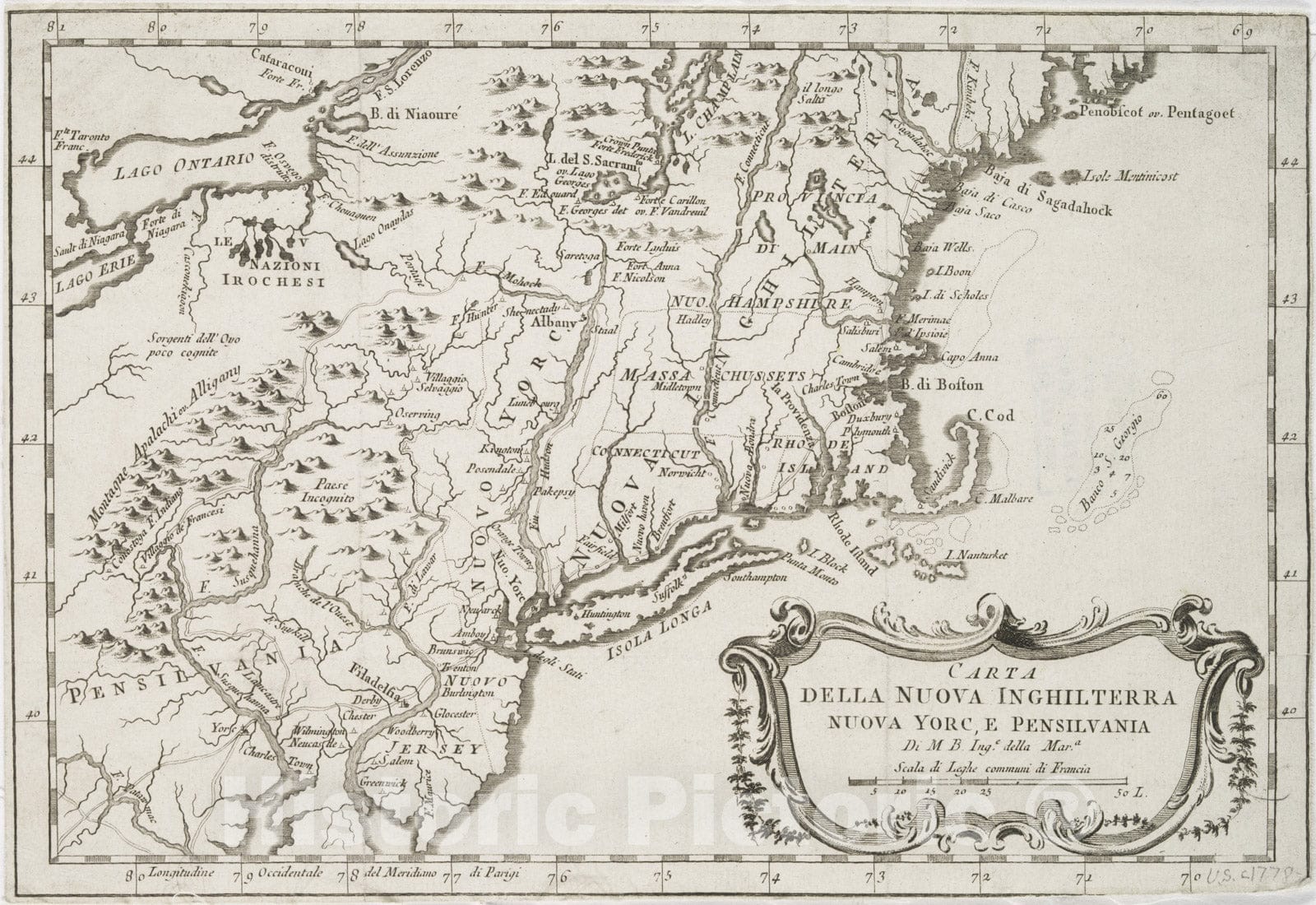 Historical Map, 1763 Carta Della Nuova Inghilterra, Nuova Yorc, e Pensilvania, Vintage Wall Art