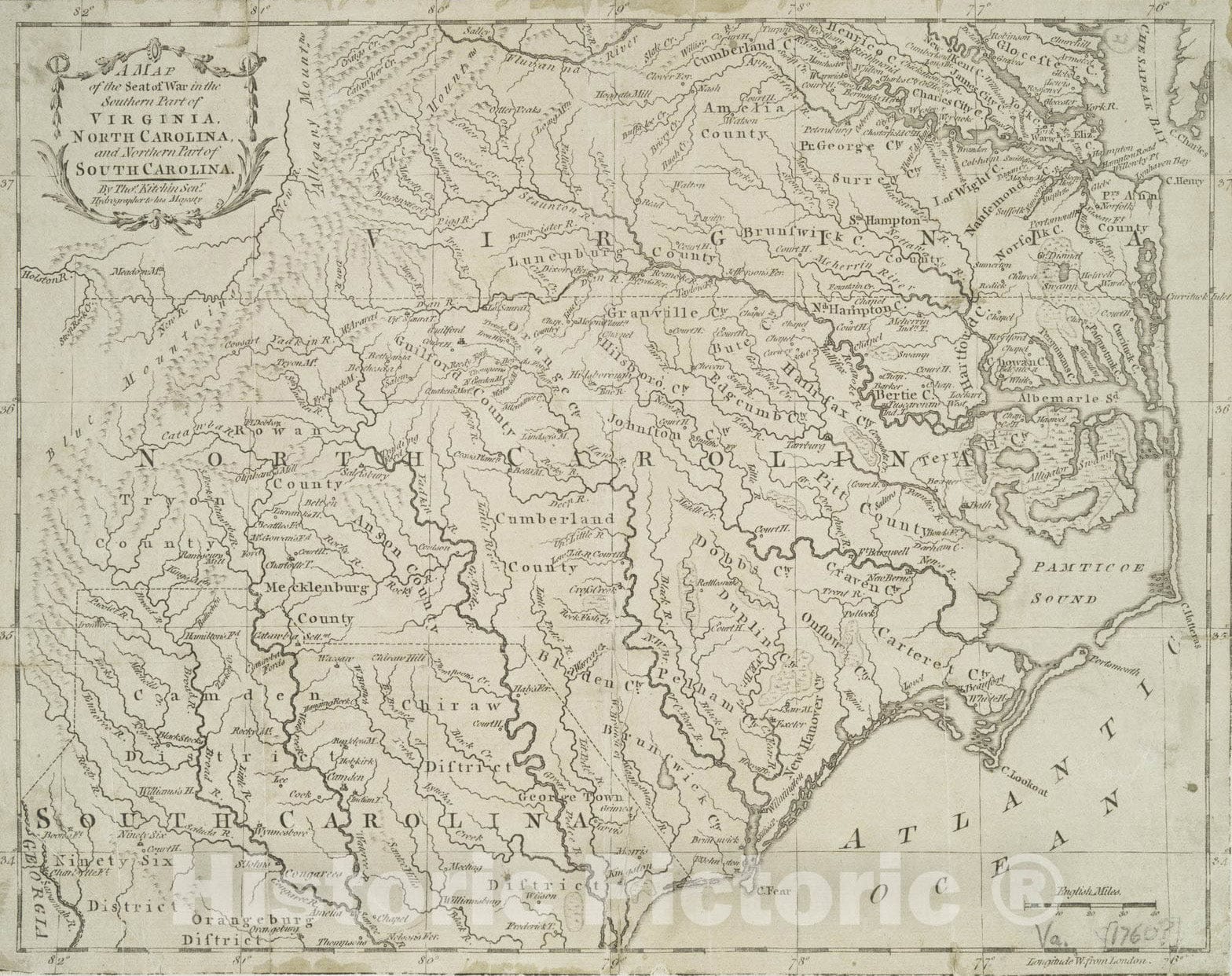 Historical Map, 1781 A map of The seat of war in The Southern Part of Virginia, North Carolina, and The Northern Part of South Carolina, Vintage Wall Art