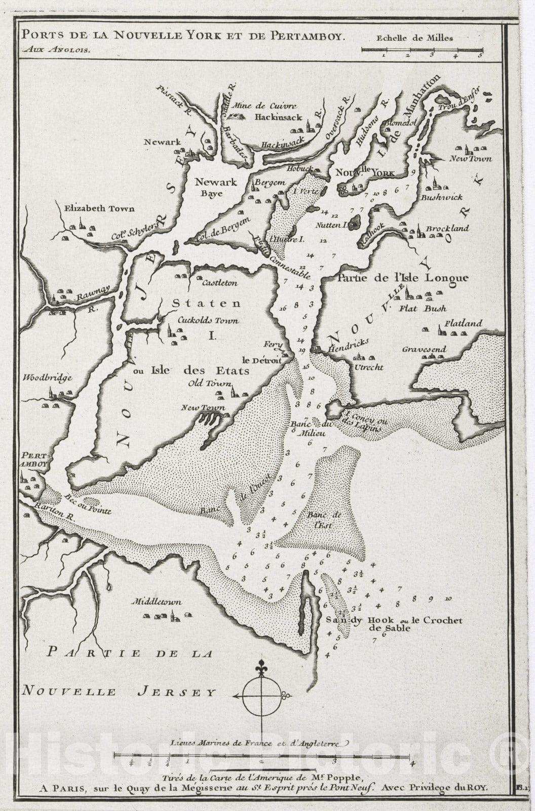 Historical Map, 1733 Ports de la Nouvelle York et Pertamboy : aux anglois, Vintage Wall Art