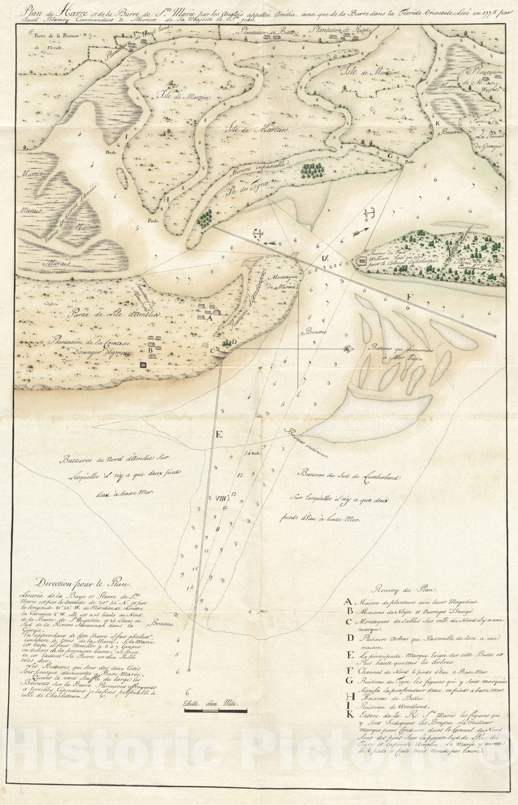 Historical Map, 1775 Plan du Havre et de la barre de Ste. Marie par les Angloises appellee Amelia, ainsi que de la Barre dans la Floride orientale, Vintage Wall Art