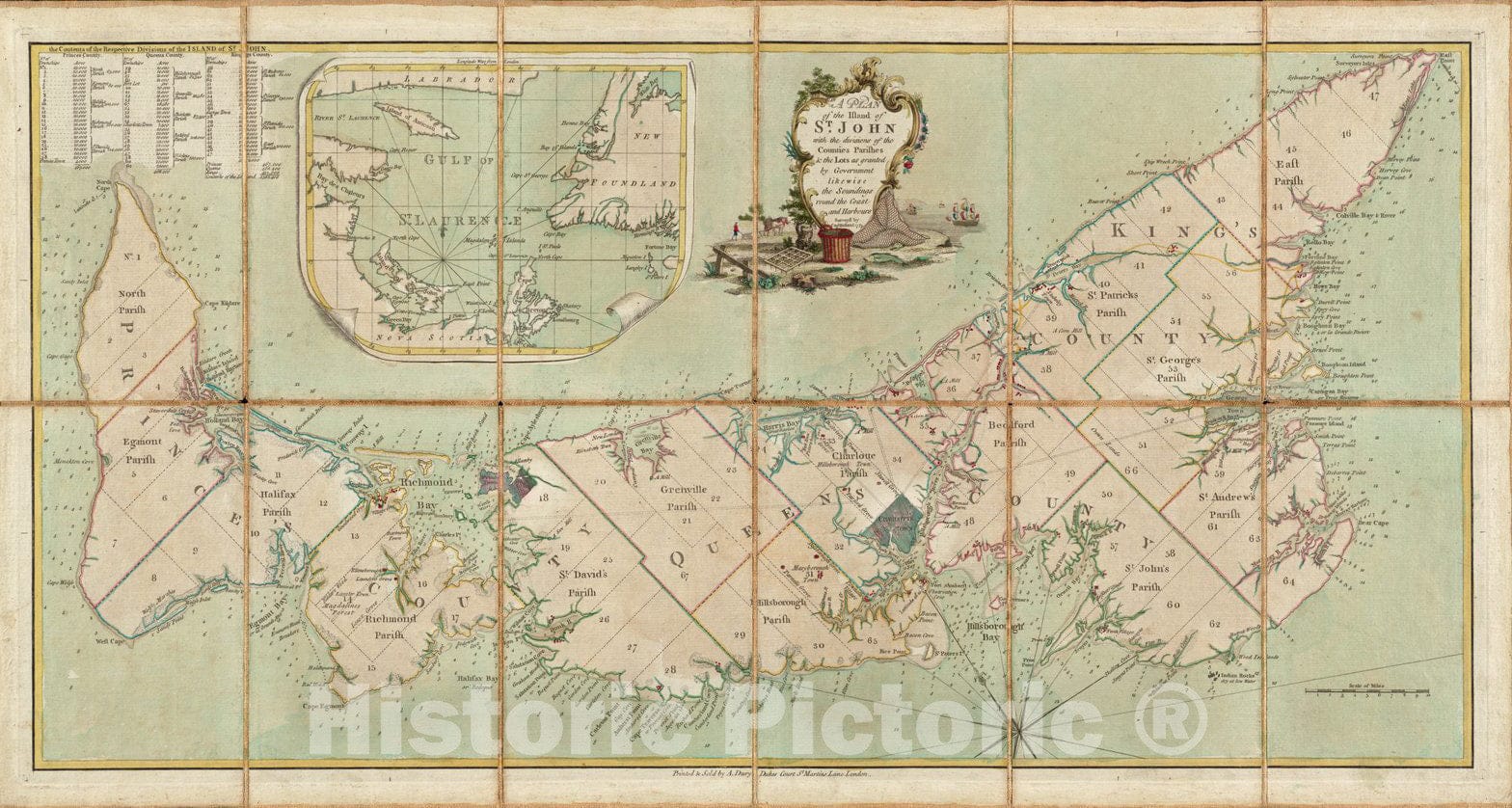 Historical Map, 1775 A Plan of The Island of St. John with The divisions of The Counties, parishes, The Lots as Granted by Government, Vintage Wall Art