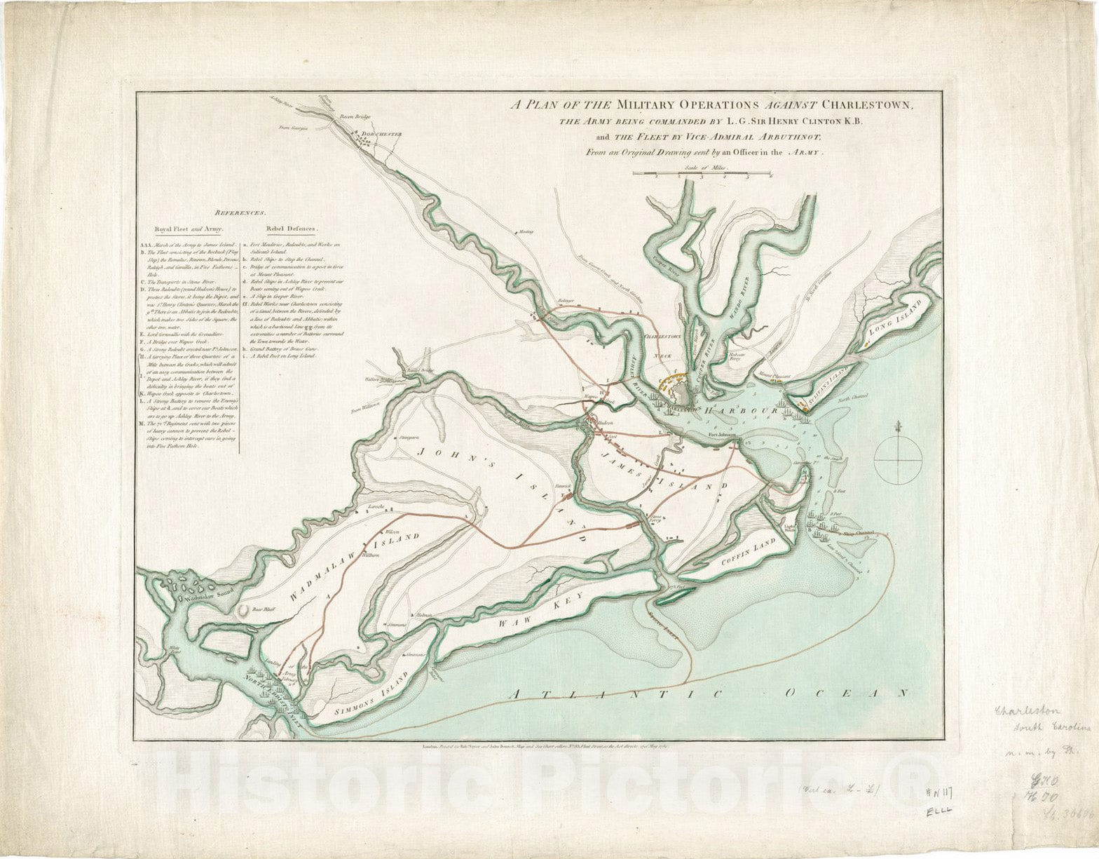 Historical Map, 1780 A Plan of The Military Operations Against Charlestown, The Army Being commanded by L.G. Sir Henry Clinton K.B, Vintage Wall Art