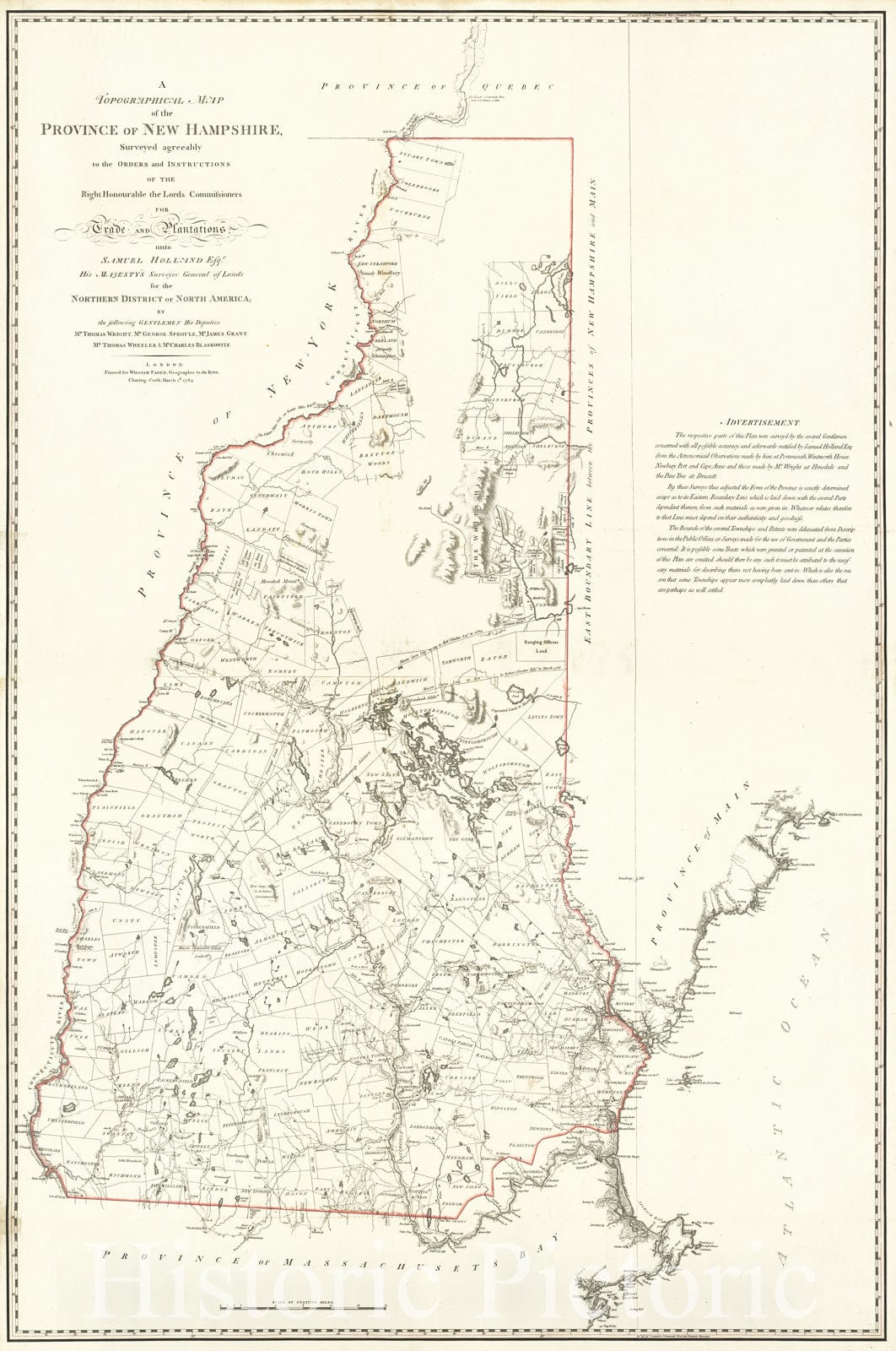 Historical Map, 1784 A topographical map of the Province of New Hampshire, Vintage Wall Art