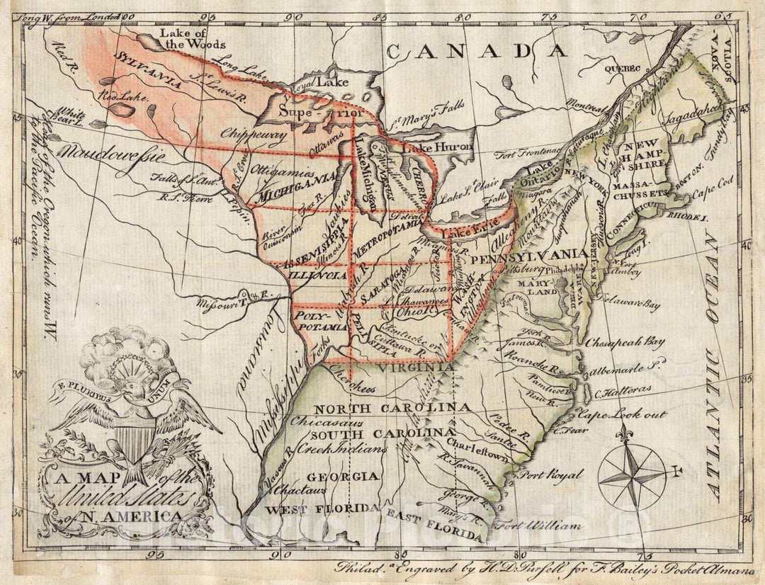 Historical Map, 1784 A map of The United States of N. America, Vintage Wall Art