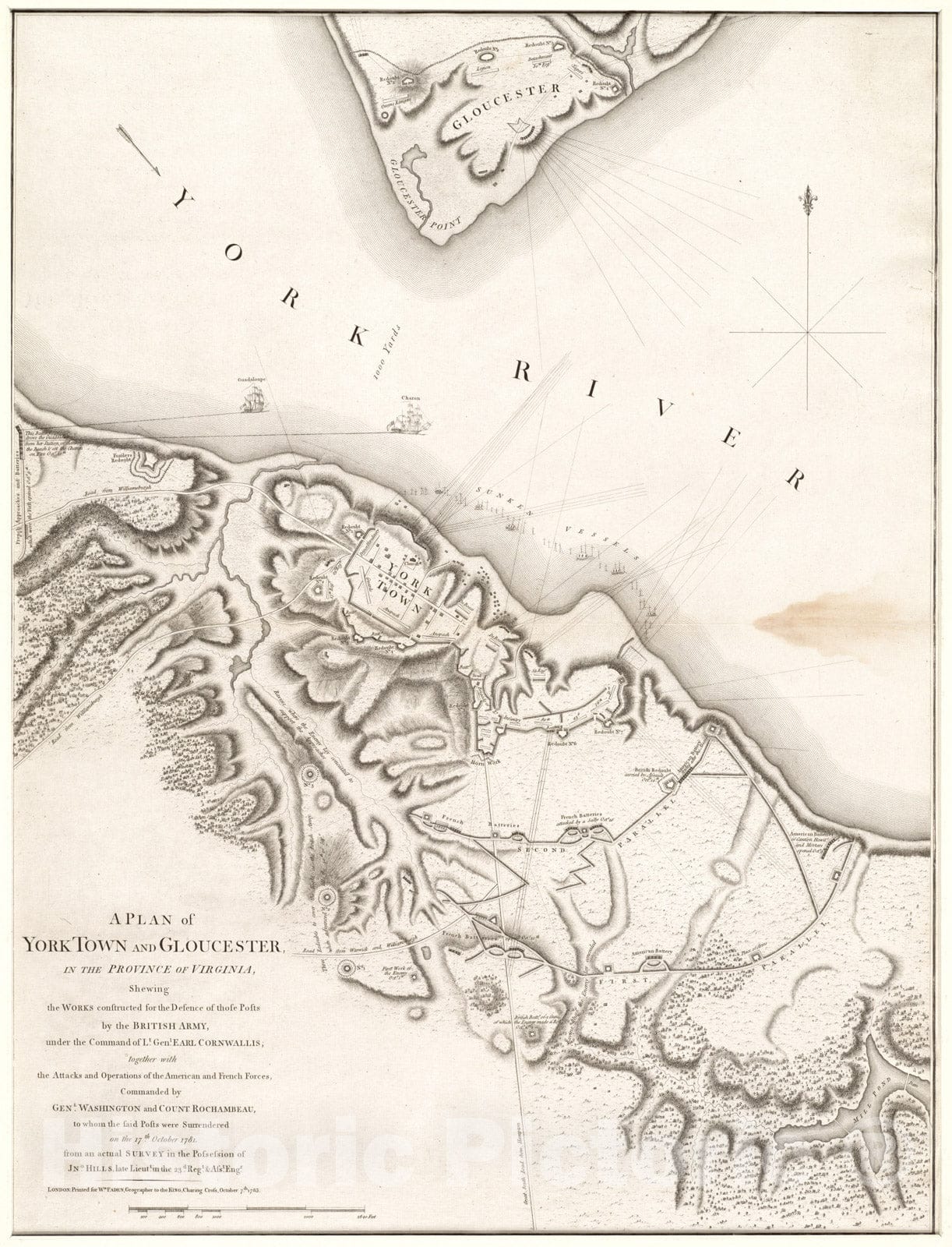 Historical Map, A Plan of York Town and Gloucester, in The Province of Virginia, shewing The Works Constructed for The Defence of Those Posts by The British Army, Vintage Wall Art