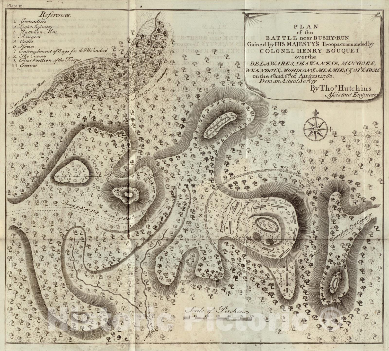 Historical Map, Plan of The Battle Near Bushy-Run gained by His Majesty's Troops commanded by Colonel Henry Bouquet Over The Delawares, Shawanese, Mingoes, Wyandots, Vintage Wall Art