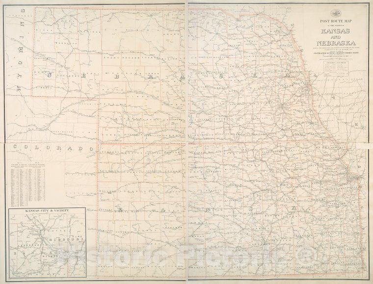 Historic 1900 Map - Post Route Map Of The States Of Kansas And Nebraska : Showing Po - Kansas - Nebraskamaps Of North America. - Vintage Wall Art