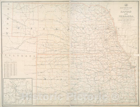Historic 1900 Map - Post Route Map Of The States Of Kansas And Nebraska : Showing Po - Kansas - Nebraskamaps Of North America. - Vintage Wall Art