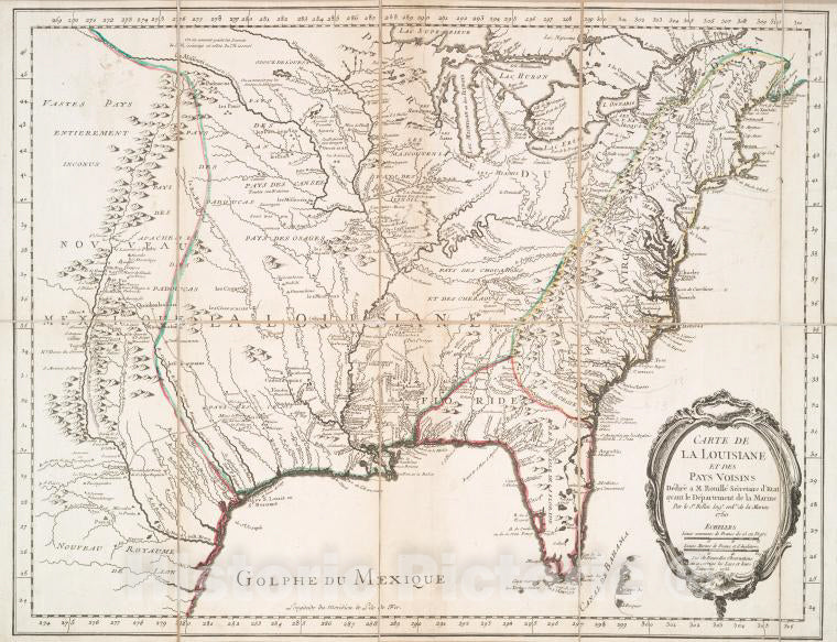 Historic Map - 1755 Louisiana, Carte De La Louisiane Et Des Pays Voisins : Dediee A M. Rouille, Secretaire D'Etat, Ayant Le Departement De La Marine - Vintage Wall Art