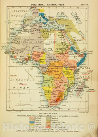 Historic 1899 Map - Political Africa - 1898. - Africa - Vintage Wall Art