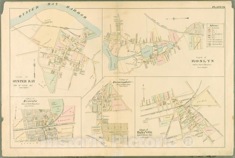 Historic Map - 1891 Queens County, New York (N.Y.) Plate 26: Village Of Oyster Bay, Oyster Bay. - Village Of Roslyn, North Hempstead. - Village Of Mineola - Vintage Wall Art
