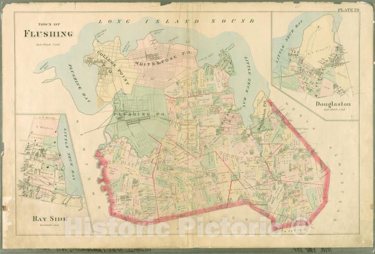 Historic Map - 1891 Queens County, New York (N.Y.), Plate 29: Town Of Flushing. - Douglaston. - Bay Side. - Vintage Wall Art
