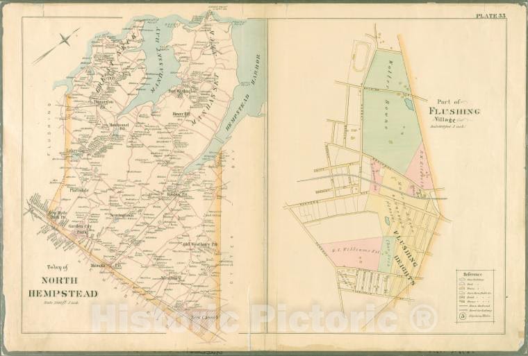Historic Map - 1891 Queens County, New York (N.Y.), Plate 33: Town Of North Hempstead. - Part Of Flushing Village. - Vintage Wall Art