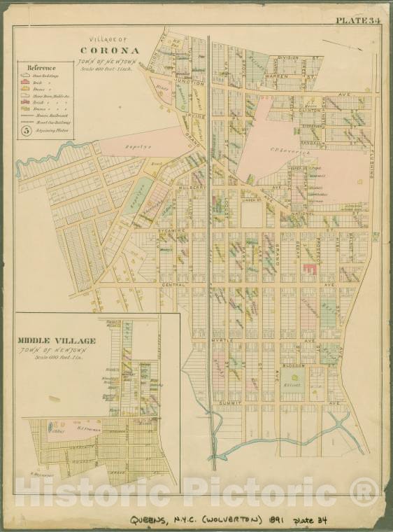 Historic Map - 1891 Queens County, New York (N.Y.), Plate 34: Village Of Corona, Town Of Newtown. - Middle Village, Town Of Newtown. - Vintage Wall Art