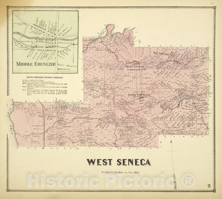Historic 1866 Map - Middle Ebenezer [Village]; Middle Ebenezer Business Directory; W - Vintage Wall Art