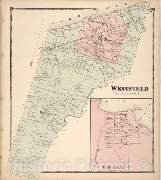 Historic Map - 1867 Chautauqua County, New York, Westfield ; Barcelona - Vintage Wall Art