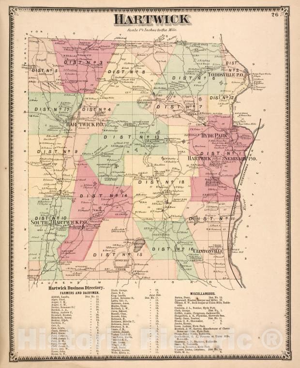 Historic Map - 1868 Otsego County, New York (N.Y.), Hartwick [Township]; Hartwick Business Directory. - Vintage Wall Art