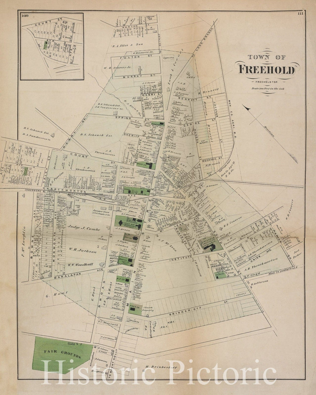 Historic Map - 1873 Monmouth Couty, New Jersey, (N.J.), Town Of Freehold [Village] - Vintage Wall Art