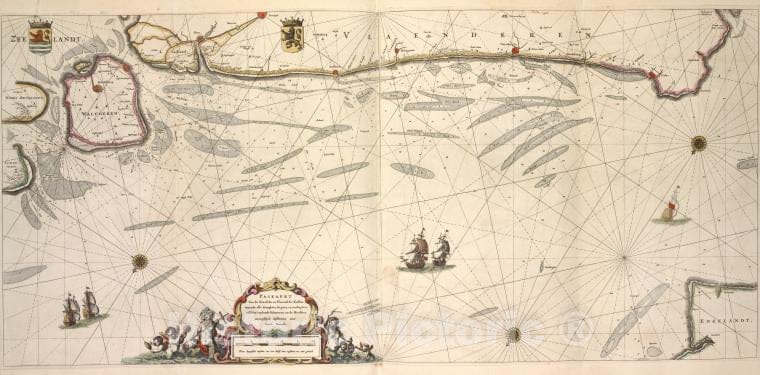 Historic Map - 1672 Paskaert Van De Zeeusche En Vlaemsche Kusten, Tonende Alle Drooghten, Diepten, En Ondiepten, Tusschen'T Eylandt Schouwen En De Hoofden. - Vintage Wall Art