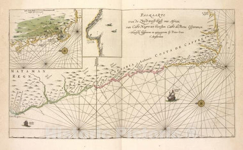Historic Map - 1672 Cape Of Good Hope (South Africa) Pas-Kaarte Van De Zuyd-West-Kust Van Africa, Van Cabo Negro Tot Beoosten Cabo De Bona Esperanca. - Vintage Wall Art