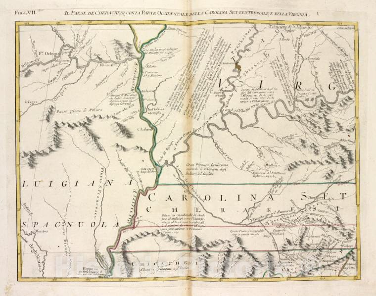 Historic Map - 1778 Il Paese De'Cherachesi, Con La Parte Occidentale Della Carolina Settentrionale, E Della Virginia. - Vintage Wall Art