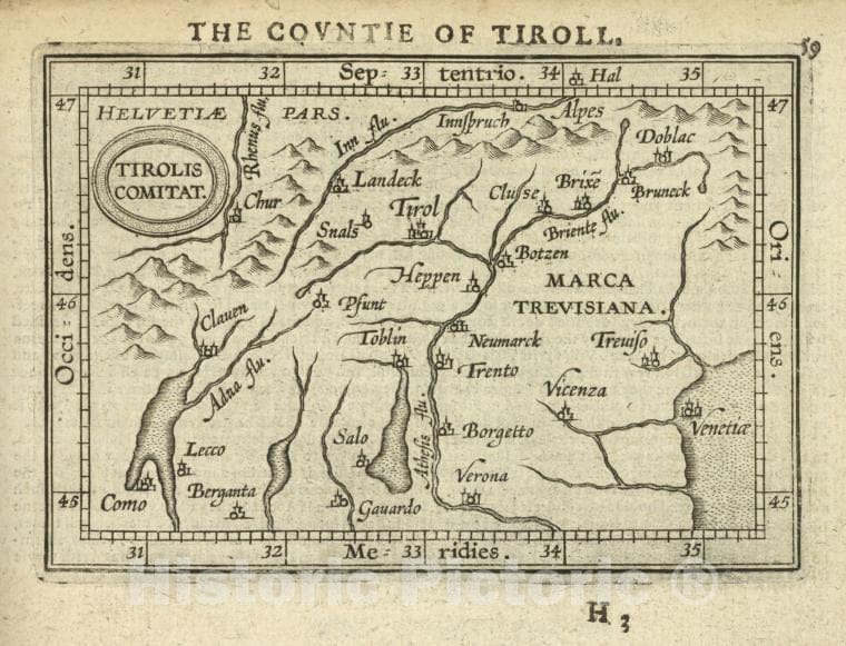 Historic Map - 1603 Tyrol (Austria), Tirolis Comitat, Abraham Ortelius - Vintage Wall Art