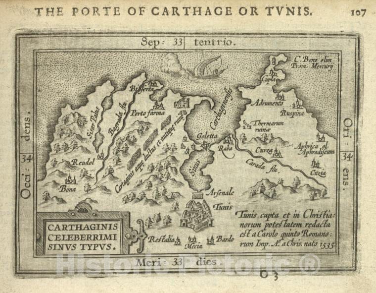 Historic Map - 1603 Tunis (Tunisia), Carthaginis Celeberrimi Sinus Typus, Abraham Ortelius - Vintage Wall Art