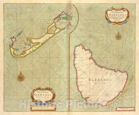 Historic 1702 Map - The Iland Of Babados ; Island Of Bermuda. - Vintage Wall Art