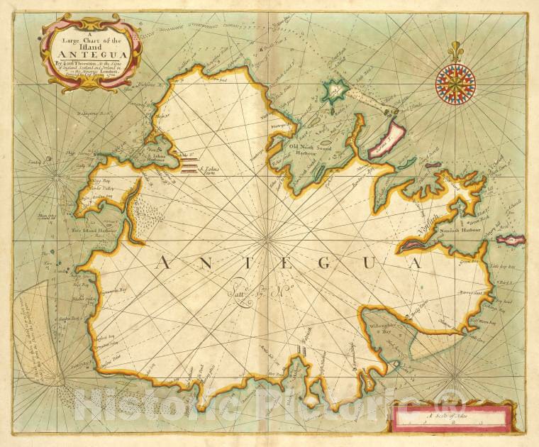 Historic Map - 1702 A Large Chart Of The Island Antigua - Vintage Wall Art
