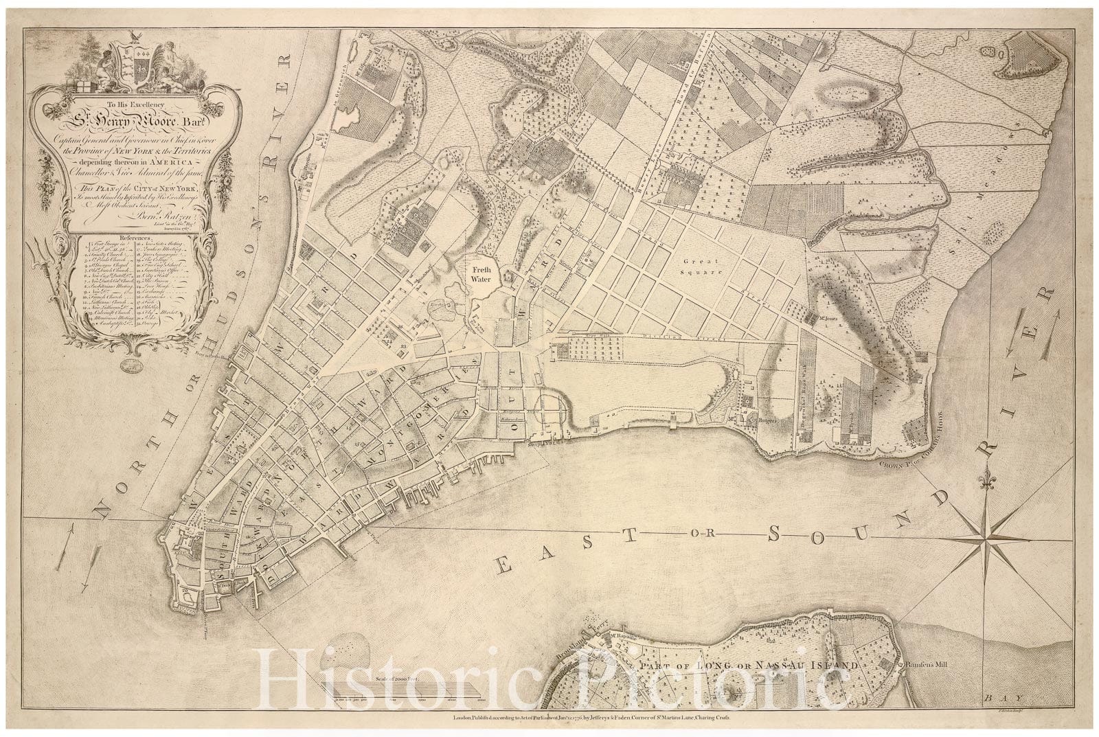 Historic Map - 1776 New York (N.Y.), Plan Of New York, Manhattan Between North Or Hudson River And East Or Sound River. Park Of Long Or Nassau Island - Vintage Wall Art