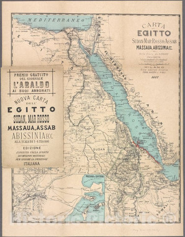 Historic 1887 Map - Carta Dell' Egitto, Sudan, Mar Rosso, Assab, Massaua, Abissinia Ecc. - Ethiopia - Egypt - Red Sea - Eritrea - Sudanmaps Of Africa - Vintage Wall Art