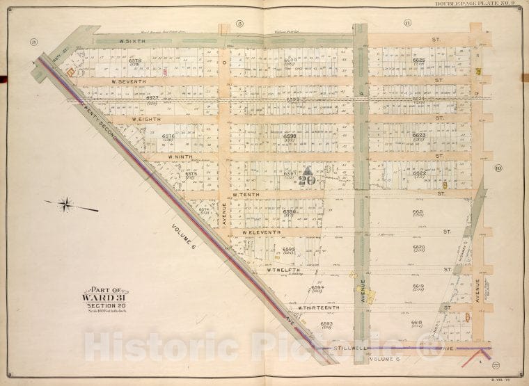 Historic Map - 1907 Brooklyn (New York, N.Y.) Vol. 7, Plate No. 9; Part Of Ward 31, Section 20; [W. 6Th St, Ave Q, Stillwell Ave; Including 22Nd Ave, 65Th St.] - Vintage Wall Art