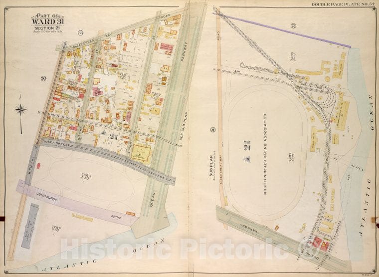 Historic Map - 1907 Brooklyn, (New York, N.Y.),Sheepshead Bay Road, Ocean Parkway; Atlantic Ocean, W. 5Th St, Sheepshead Bay Road, E. 5Th St Seabreeze Ave, C - Vintage Wall Art