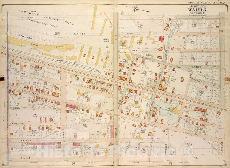 Historic Map - 1907 Brooklyn (New York, N.Y.) Vol. 7, Plate No. 20; Part Of Ward 31, Section 21; [E. 2Nd St, Ave W; Including W. 6Th St, Ave S] - Vintage Wall Art