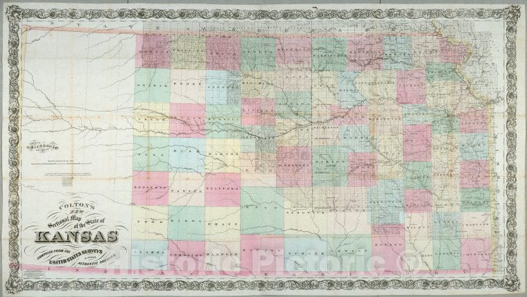 Historic Map - 1868 Kansas, Colton'S New Sectional Map Of The State Of Kansas : Compiled From The United States Surveys & Other Authentic Sources. - Vintage Wall Art