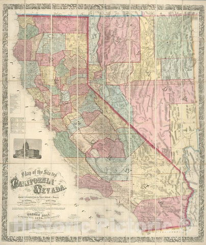 Historic 1869 Map - Map Of The States Of California And Nevada - California - Nevadamaps Of North America. - Vintage Wall Art
