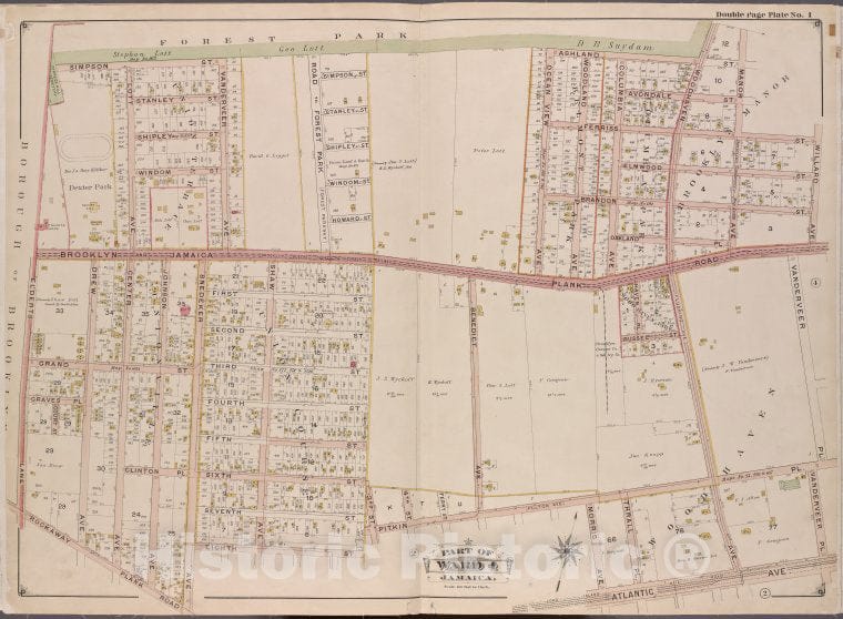 Historic Map - 1901 Queens County, New York (N.Y.), Queens; Jamaica, Ward 4; [Forest Park, Willard, Vanderveer Pl, Atlantic, Rockaway Plank Rd, Elderts Ln.] - Vintage Wall Art
