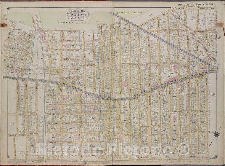 Historic 1913 Map - Queens, V. 1, Double Page Plate No. 4; Part Of Jamaica, Ward 4; - Vintage Wall Art