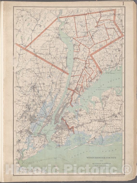 Historic Map - 1893 Westchester County, New York (N.Y.), Plate No. 1 [Map Of Westchester County, New York (N.Y.) County And Surroundings] - Vintage Wall Art