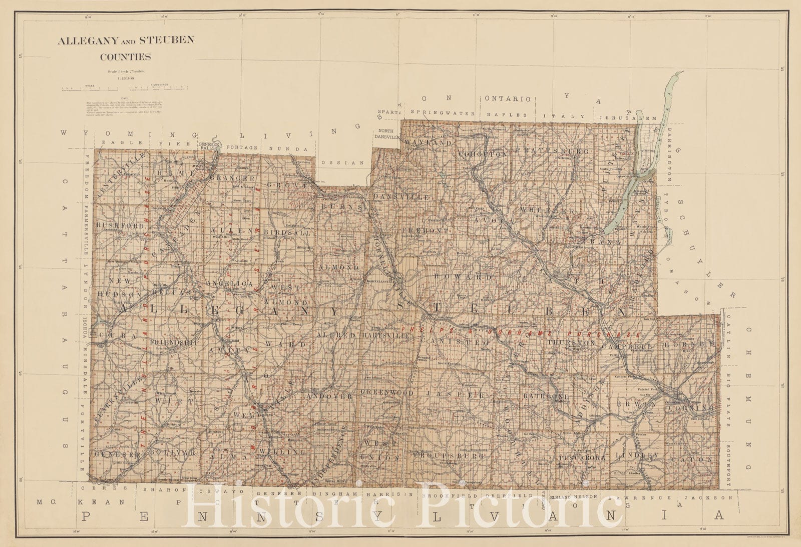 Historic Map - 1895 New York State, Double Page Plate No. 30 [Map Of Allegany And Steuben Counties] - Vintage Wall Art